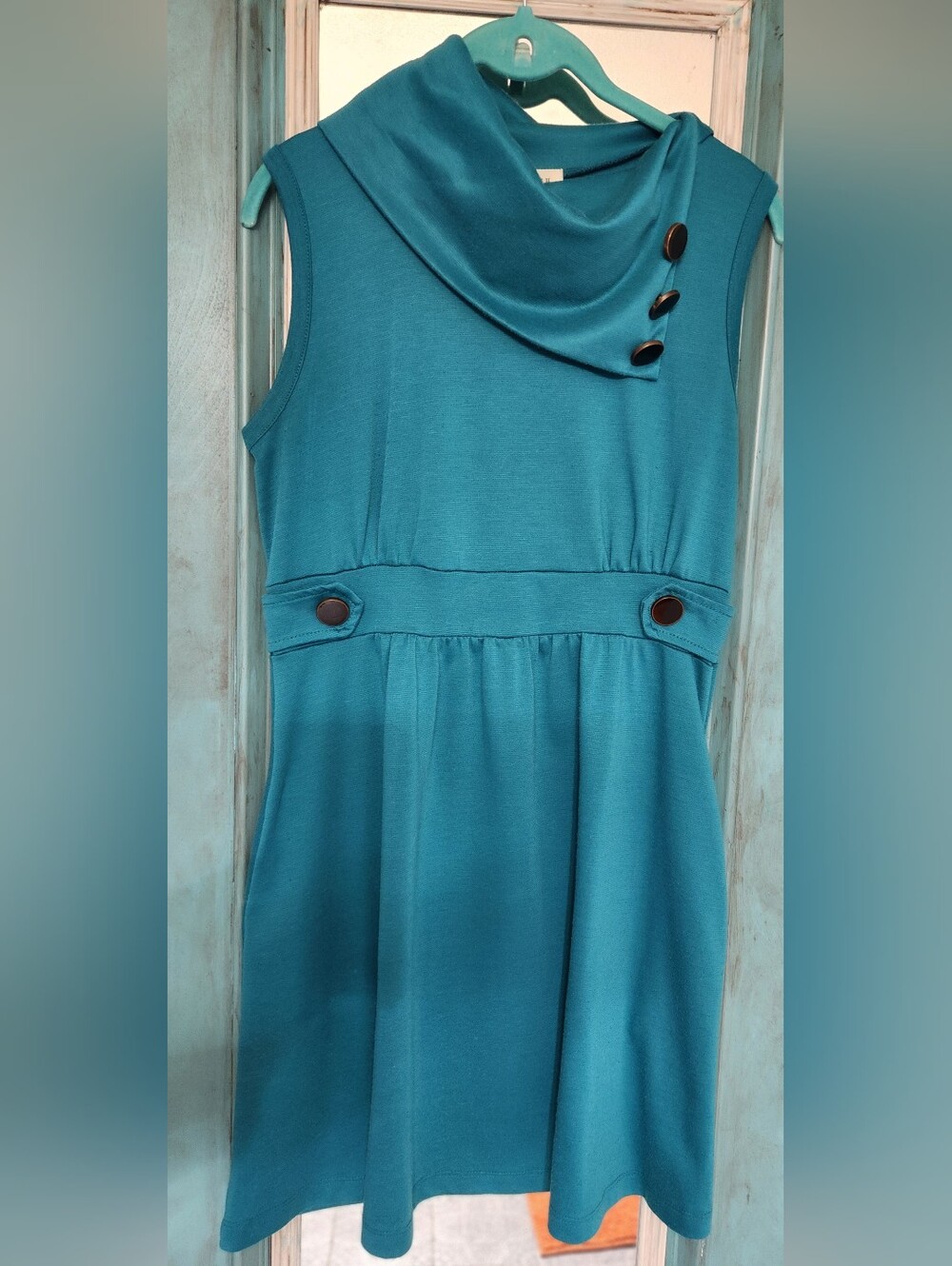 Sleeveless Teal Cowl Neck Dress with Button Detail